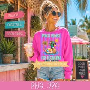 Może przedstawiać: Jasnor&oacute;żowa bluza z napisem "PEACH PLEASE" i kresk&oacute;wkową kaczką w okularach przeciwsłonecznych. Bluza ma r&oacute;wnież napis "I'M FLOATINU" i "5 FREE DESIGNS INCLUDED". Tło zawiera znaki z motywem plażowym i nap&oacute;j.