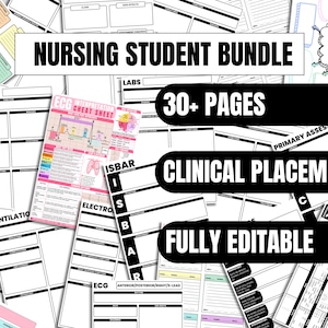May include: A nursing student bundle featuring over 30 pages of clinical placement templates. The collection includes white, black, and pastel-colored forms for anatomy, labs, procedures, and an ECG interpretation cheat sheet with text labels.