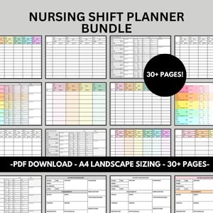 Op de afbeelding: Een bundel met dienstroosters voor verpleegkundigen met meerdere pagina's, met verschillende sjablonen voor planning en organisatie. De afbeelding bevat de tekst "NURSING SHIFT PLANNER BUNDLE" en "30+ PAGES!" in een zwarte cirkel. De tekst "-PDF DOWNLOAD - A4 LANDSCAPE SIZING - 30+ PAGES-" is ook zichtbaar.