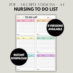 Peut inclure: Une liste de tâches infirmières imprimable en blanc avec plusieurs versions disponibles. La liste comprend des sections pour la chambre, le patient, les médicaments et la réanimation. Le texte "Téléchargement instantané" est également visible.