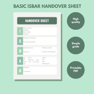 Puede incluir: Un folleto blanco y verde titulado "BASIC ISBAR HANDOVER SHEET". La hoja incluye secciones para información del paciente, problema de presentación, diagnóstico, evaluación y solicitudes. Tres círculos verdes con texto: "Alta calidad", "Guía simple" y "PDF imprimible".