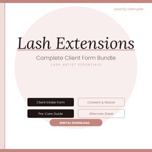 Può includere: Un pacchetto di documenti digitali per extension ciglia con il testo Lash Extensions, Complete Client Form Bundle, Lash Artist Essentials e peachy client pdfs. Include pulsanti per Client Intake Form, Consent & Waiver, Pre-Care Guide, Aftercare Sheet e Digital Download.
