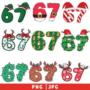 May include: A collection of festive number graphics, featuring the numbers 6 and 7 in various Christmas-themed designs. Includes elf hats, Santa suits, holly, gingerbread men, and Christmas lights. The numbers are in green, red, and brown.