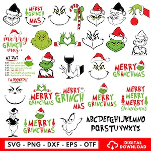 May include: A collection of digital graphic illustrations featuring the Grinch in various poses, including wearing a Santa hat, holding a candy cane, making a heart shape with hands, and holding a wine glass. Includes text like Merry Grinchmas.
