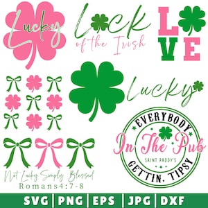 Puede incluir: Una colección de gráficos con temática del Día de San Patricio. Incluye tréboles, lazos y texto como "Lucky", "Love" y "Everybody In The Pub". La paleta de colores presenta verde, rosa y blanco.