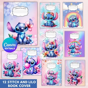 May include: A collection of twelve composition book covers featuring the character Stitch in various colourful settings with flowers, rainbows, and butterflies. Each cover includes a white label with the text Composition Book at the top.