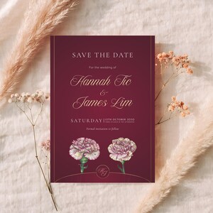 Floral Save the Date-kaart: bordeauxrode anjers, gouden accenten (canvasjabloon)
