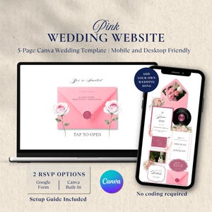 May include: A digital wedding website template for Canva displayed on a laptop and smartphone. The design features pink envelopes, floral illustrations, and text including "Pink Wedding Website," "Tap to Open," and "Add your own wedding song."