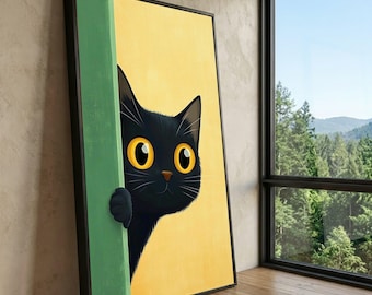 Stampa su tela di un gatto nero curioso, moderna e stravagante opera d'arte murale