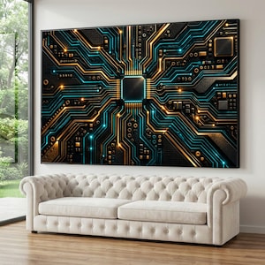 May include: A rectangular wall art piece featuring a digital circuit board design with a central processor. The artwork displays intricate gold and teal glowing lines against a dark background, creating a complex network of electronic pathways.
