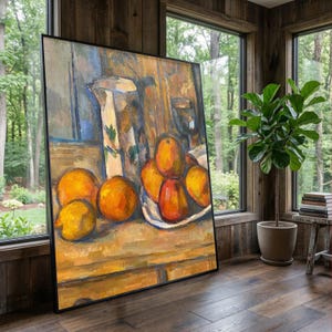 Paul Cezanne Stilleven canvas, sinaasappelen en kruik kunst aan de muur, klassiek impressionistisch interieur, levendig fruit schilderij canvas