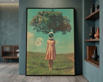 Lienzo con estampado surrealista de una chica astronauta, arte mural de naturaleza onírica.