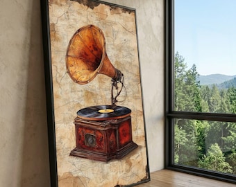 Vintage Gramophone Canvas Art Print, Rustic Music Room Decor