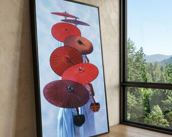 Red Umbrella Canvas Print, Asian Decor, Oriental Wall Art