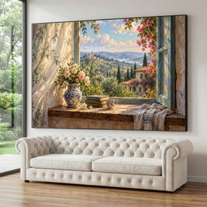 Vista de la campiña toscana desde una ventana abierta, lienzo, naturaleza muerta con jarrón floral, decoración rústica para el hogar, libro antiguo y taza de café, paisaje panorámico.