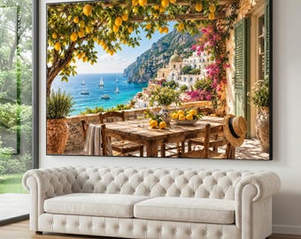 May include: A large rectangular wall art print depicting a coastal Mediterranean terrace scene with a wooden table, yellow lemons, a straw hat, and a view of a blue sea with boats and hillside buildings under a bright, sunny sky.