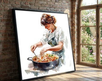 Chef Cooking Watercolor Canvas Print, Culinary Kitchen Wall Art