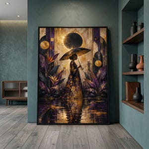Elegant Woman Umbrella Canvas, Golden Purple Floral Dress, Abstract Moonlight Reflection Art
