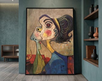 Picasso Style Abstract Portrait Canvas Art, Modern Cubism Decor