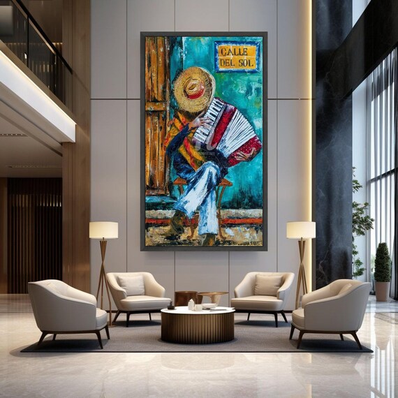 Vibrant Accordion Player Canvas, Modern Jazz Music Street Scene