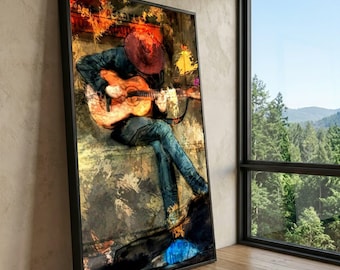 Cuadro de guitarrista de blues moderno, pintura de músico urbano, obra de arte de guitarrista contemporáneo.