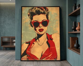 Retro Pop Art Woman Portrait Canvas, Bold Red Sunglasses Wall Art Print