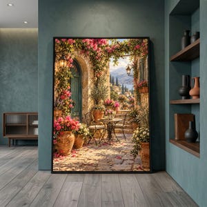 Charming Mediterranean Patio, Rustic Stone Archway Canvas, Vibrant Flower Pots Wall Art, Cozy Outdoor Seating Design, Nature Landscape Decor