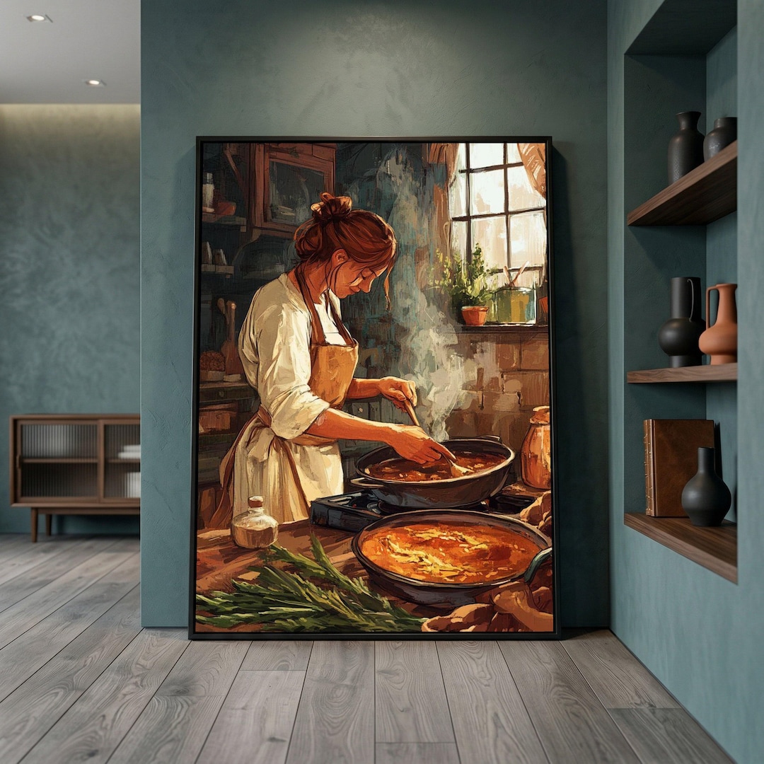 canvas geeks cooking kitchen café - wrapped canvas... Woman Cooking Soup Canvas Art, Rustic Chef Illustration, Warm Kitchen ...