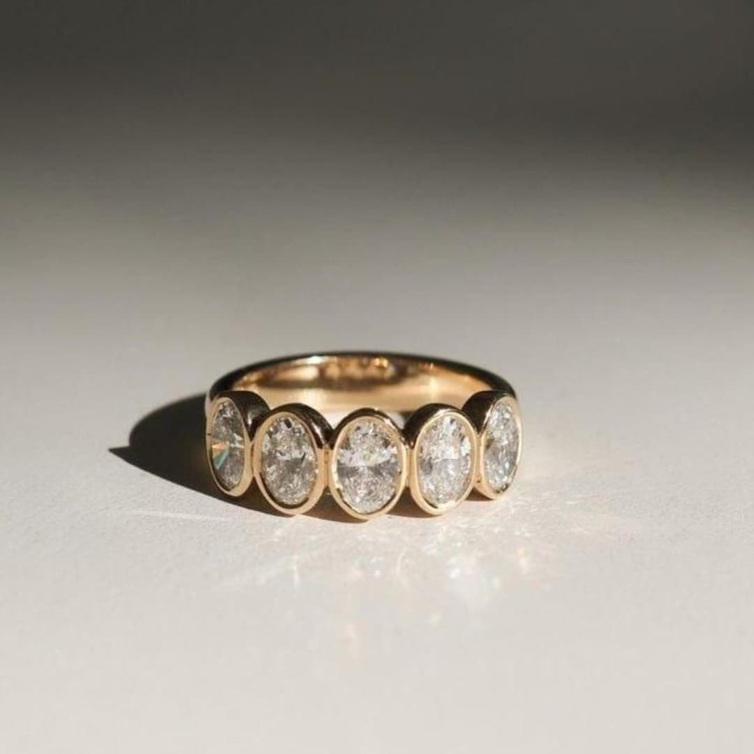 14K Solid Yellow Gold Oval Cut Moissanite Band, Bezel Set Half Eternity ...
