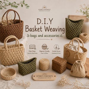 May include: A D.I.Y. Basket Weaving guide featuring various woven baskets, bags, and containers in brown, tan, and olive green. The text reads Sunset Curiosity Handmade with Heart, D.I.Y. Basket Weaving bags and accessories, Clear Steps, Beginner Friendly, and Instant Access.