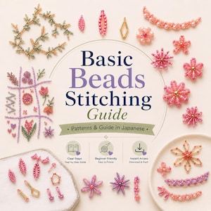 May include: A book cover with the title "Basic Beads Stitching Guide" and various beaded projects in pink, gold, and green. The projects include floral designs, geometric shapes, and a tic-tac-toe board. The book promises clear steps and is beginner-friendly.