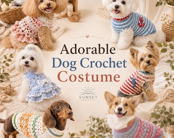 May include: Six dogs wearing various crochet costumes, including a pink ruffled dress, a blue and white striped shirt with a red anchor, a light blue dress with a bow, a red and white striped shirt, a multi-colored patterned sweater, and a pink sweater.