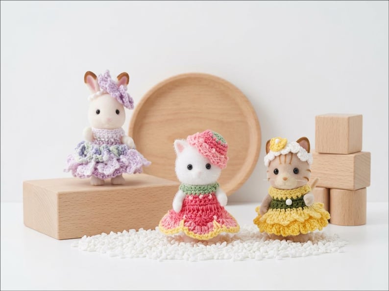 Pode incluir: Tr&ecirc;s pequenas figuras de animais vestidas com roupas de croch&ecirc; feitas &agrave; m&atilde;o. Um coelho usa um vestido de babados lavanda com acess&oacute;rio de cabe&ccedil;a, um gato branco usa um vestido rosa e verde com chap&eacute;u, e um gato malhado usa um vestido amarelo e verde.