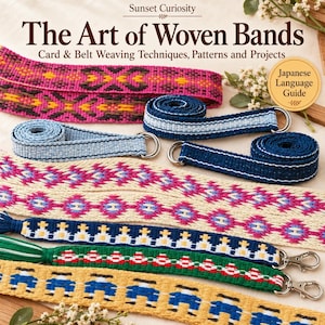 以下が含まれることがあります： Sunset Curiosityによる書籍「The Art of Woven Bands: Card & Belt Weaving Techniques, Patterns and Projects」の表紙。表紙には、幾何学模様が施された色鮮やかな織りバンドと金属製の金具がいくつか配置されています。