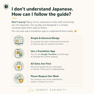 Pode incluir: Um gr&aacute;fico informativo com texto verde-escuro sobre um fundo claro. O cabe&ccedil;alho diz: I don't understand Japanese. How can I follow the guide? Lista quatro pontos com &iacute;cones: Simple & Universal Design, Use a Translation App, All Sales Are Final e Please Respect Our Work. O rodap&eacute; exibe: SUNSET CURIOSITY.