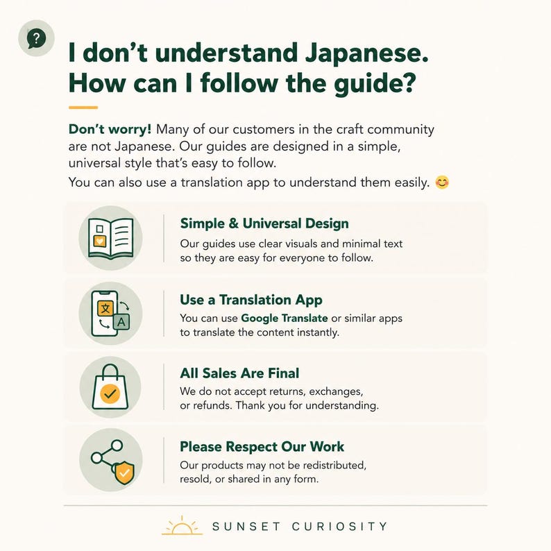 Pode incluir: Um gr&aacute;fico informativo com texto verde-escuro sobre um fundo claro. O cabe&ccedil;alho diz: I don't understand Japanese. How can I follow the guide? Lista quatro pontos com &iacute;cones: Simple & Universal Design, Use a Translation App, All Sales Are Final e Please Respect Our Work. O rodap&eacute; exibe: SUNSET CURIOSITY.