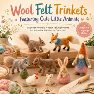 Könnte beinhalten: Ein Buch mit dem Titel Wool Felt Trinkets Featuring Cute Little Animals mit einer Sammlung von nadelgefilzten Tierfiguren, darunter ein Eichhörnchen, Fuchs, Wolf, Hund, Huhn, Maus, Hase und Zwerg, sowie Filzwolle und Bastelwerkzeuge.