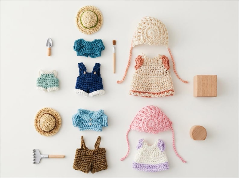 Pode incluir: Uma cole&ccedil;&atilde;o de roupas e acess&oacute;rios de croch&ecirc; em miniatura para bonecas, incluindo dois chap&eacute;us de palha, duas toucas em creme e rosa, v&aacute;rios tops, jardineiras e shorts em azul, marrom e branco, al&eacute;m de uma pequena p&aacute;, um ancinho e blocos de madeira.