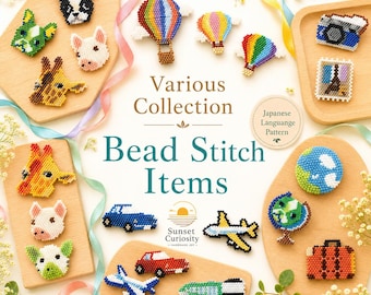 May include: A collection of small, colorful beaded motifs arranged on wooden boards, featuring animals, hot air balloons, vehicles, and travel icons. The text reads Various Collection, Bead Stitch Items, and Sunset Curiosity Handmade Joy.