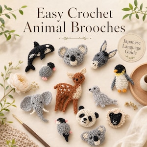 Peut inclure: Une collection de petites broches animaux crochetées à la main, incluant un orque, un koala, un âne, un pingouin, un cerf, un éléphant, un phoque, un panda, un mouton et des oiseaux. Le texte "Easy Crochet Animal Brooches" est présent.