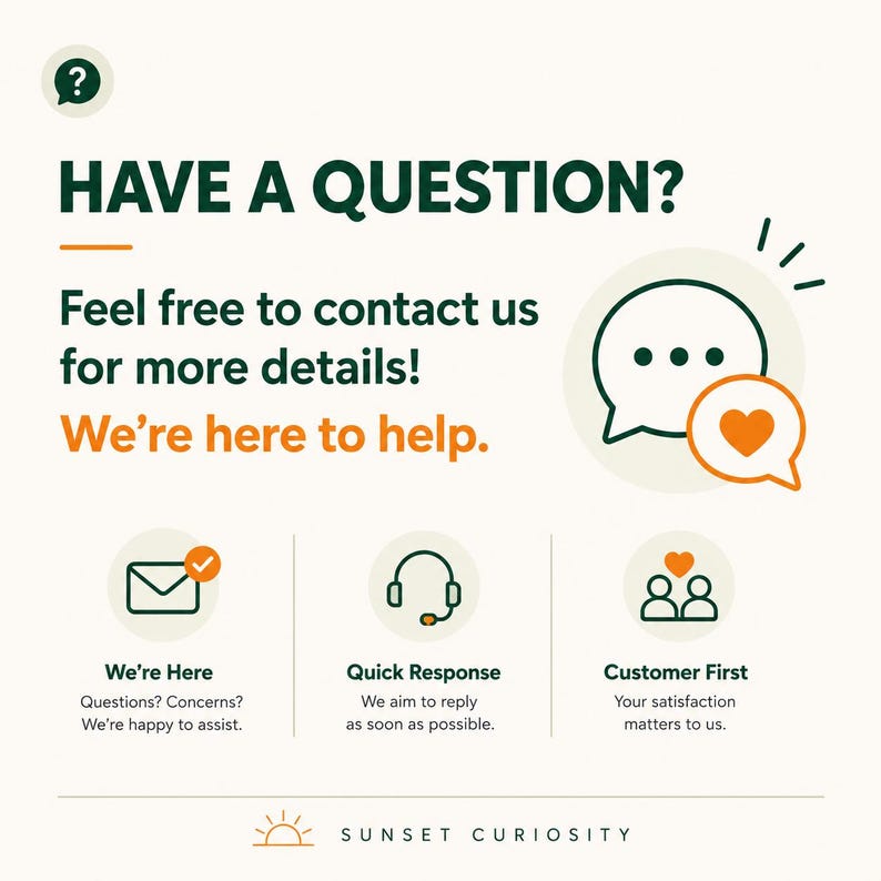 Pode incluir: Um gr&aacute;fico de atendimento ao cliente com o texto HAVE A QUESTION? Feel free to contact us for more details! We're here to help. Inclui &iacute;cones de e-mail, um headset e pessoas com cora&ccedil;&otilde;es, al&eacute;m da marca SUNSET CURIOSITY na parte inferior.