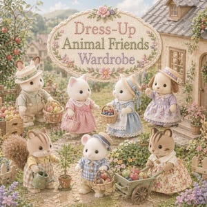 May include: A set of seven flocked animal figurines including a rabbit, cat, squirrel, mouse, and dog, all wearing detailed fabric clothing. They are positioned in a garden setting with miniature baskets, a wheelbarrow, and a watering can.