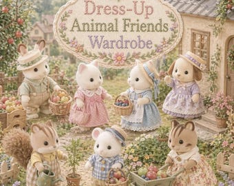May include: A set of seven flocked animal figurines including a rabbit, cat, squirrel, mouse, and dog, all wearing detailed fabric clothing. They are positioned in a garden setting with miniature baskets, a wheelbarrow, and a watering can.