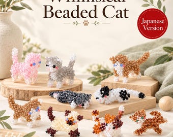 May include: A collection of small cat figurines crafted from colorful beads. The cats are displayed in various poses and patterns, including pink, gray, brown, black, white, and calico designs. Text reads Whimsical Beaded Cat and Sunset Curiosity.