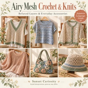 May include: A collection of crochet items including a beige V-neck vest, a blue short-sleeve top, a beige button-up cardigan, a peach long-sleeve sweater, a floral motif handbag, and a bucket hat. Text reads Airy Mesh Crochet & Knits.