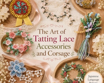 May include: A collection of handmade tatting lace accessories including a yellow rosette, a pink floral wreath, a blue flower motif, a delicate rose vine, a gold bracelet, and a floral spray, with text reading The Art of Tatting Lace Accessories and Corsage.