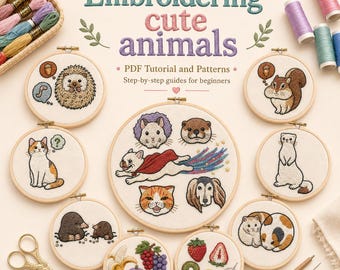 Cute Embroidery Cat Pattern| Embroidery Animal Cute things and more | PDF Guide | Simple Japanese Guide
