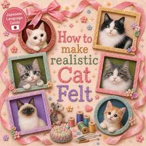 Può includere: Una copertina di un libro di artigianato intitolata How to make realistic Cat Felt con cinque ritratti di gatti incorniciati, un piccolo topo in feltro e articoli da cucito tra cui rocchetti di filo, aghi e un puntaspilli, decorato con nastri rosa.