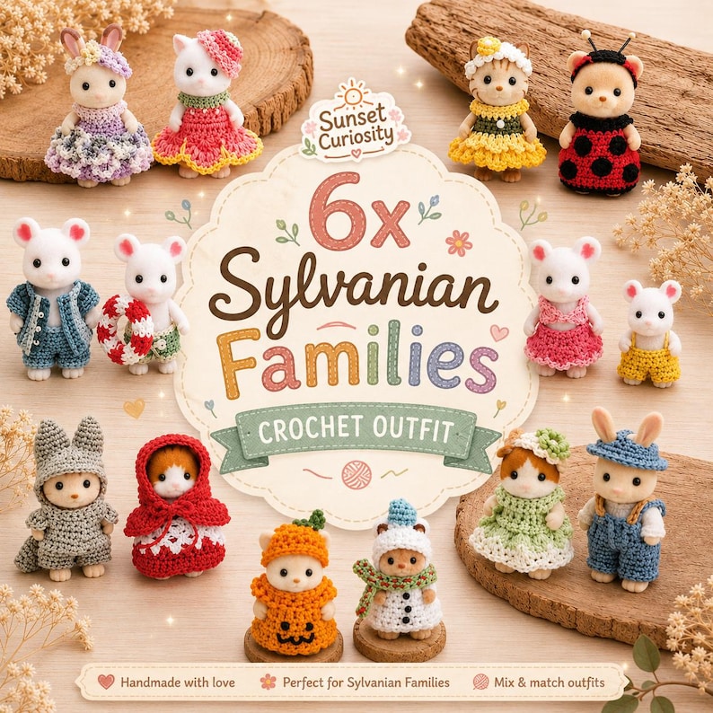 Pode incluir: Uma cole&ccedil;&atilde;o de doze pequenas figuras de animais vestindo v&aacute;rios trajes de croch&ecirc; feitos &agrave; m&atilde;o, incluindo vestidos, jardineiras e fantasias tem&aacute;ticas como ab&oacute;bora e joaninha, em torno de uma placa com o texto 6x Sylvanian Families.