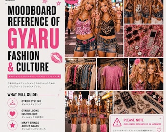 May include: A digital moodboard reference guide for Gyaru fashion and culture featuring text, collaged photographs of individuals in leopard print tops and denim skirts, clothing racks, accessories, and urban street scenes in a pink and white layout.